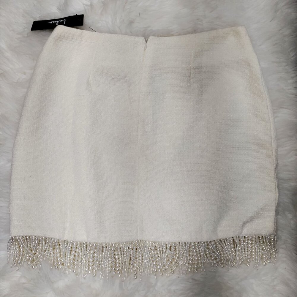 Lulus Boho Sweetly Elite Ivory Tweed Pearl Fringe High-Rise Mini Skirt M, NWT - Picture 4 of 11